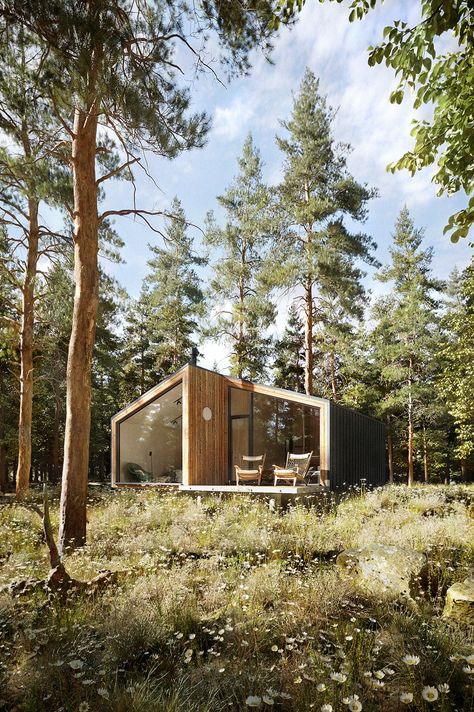 MODULAR HOUSE IN THE FOREST Tiny House Forest, Tiny Home In Forest, Villa In Forest, Scandinavian Forest House, Mini House In Forest, Small Cabin Plans With Loft Forest, Forest Resort, White Restaurant, Forest Cabin