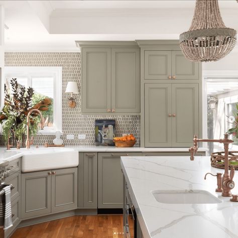 40+ Sage Green Kitchen Cabinets (with Paint Colors!) - Jenna Sue Design Cornwall Slate, Sage Green Paint Color, Green Kitchen Designs, Dark Green Kitchen, Sage Green Paint, Green Backsplash, Sage Green Kitchen, Mediterranean Kitchen, Green Kitchen Cabinets