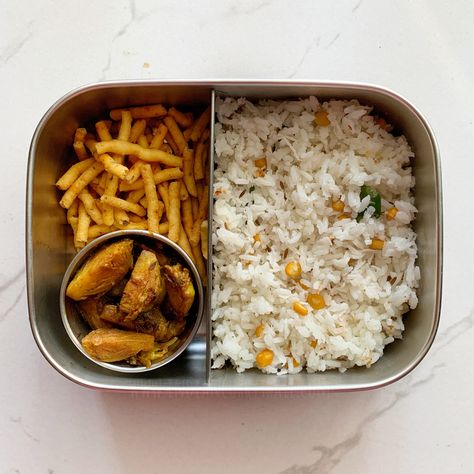 #lunchboxoftheday 🥥 Coconut Rice 🥥 Brussels Sprouts Stirfry 🥥 Sev Lunch For School, Variety Rice, Kids Lunch Box Meals, Potato Fry, School Lunch Recipes, Lunch Box Ideas, Healthy Lunch Snacks, Healthy School Lunches, Easy Healthy Lunches