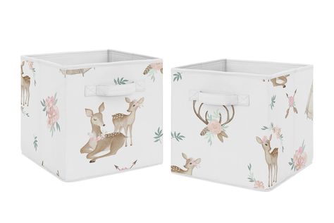 Deer Nursery Girl, Woodland Nursery Girl, Deer Nursery, Fabric Storage Cubes, Girl Woodland, Woodland Deer, Blush And Grey, Fabric Storage Bins, Sweet Jojo Designs