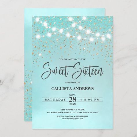 Teal Blue Gold Glitter Sparkles Lights Sweet 16 for $2.95 - Birthday Invitations Cool Birthday Invitations, Under The Sea Pool Party, Elegant Sweet 16, Birthday Invitations Templates, 16 Birthday Party Invitations, Glitter Sweet 16, Sweet 16 Birthday Invitations, 16 Birthday Invitations, 16th Birthday Invitations