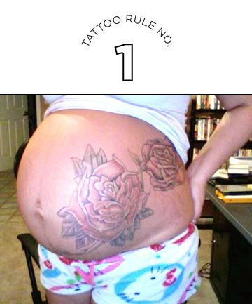 Tattoo Rule No. 1: Pregnancy Can Stretch Tattoos, Big Time Tattoos After Pregnancy, Plus Size Tattoos, Rules For Women, Tattoos Big, Stretch Mark Tattoo, Pelvic Tattoos, Pregnancy Tattoo, Side Stomach Tattoos, Tattoo Advice