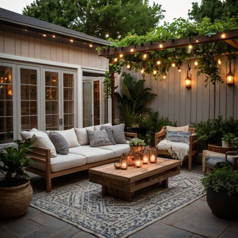 Backyard Deck Ideas, Patio Seating Arrangement, Creative Backyard, Twinkle String Lights, Cozy Outdoor, Plush Sofa, Backyard Deck, Flickering Candles, Holiday Kitchen