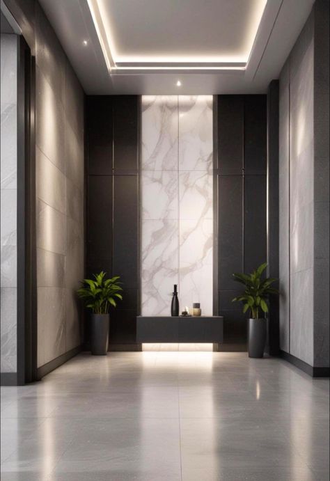 Create a realistic image in front of a large and wide entrance wall of a lobby in a residential building, the design should be modern in shades of light gray and dark gray, lighting and a large mirror#ai#design# Entrance Lobby Design Residential, Entrance Wall, Entrance Lobby, Lobby Design, Shades Of Light, Sweet Shop, Large Mirror, Residential Building, Lobby