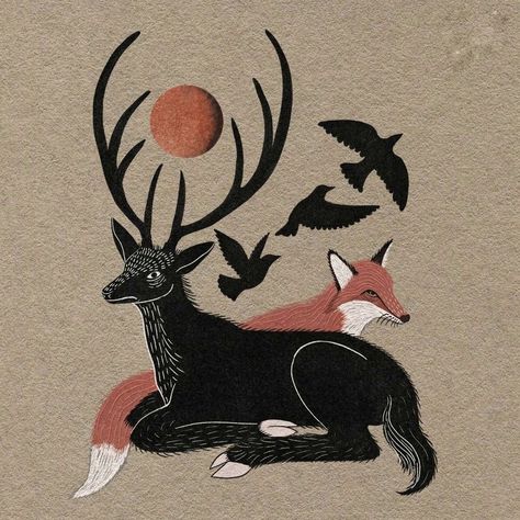 Fox And Deer Art, Deer Fox Art, Deer Folk Art, Fox Folk Art, Deer Drawing Simple, Simple Deer Drawing, Fox With Antlers, Deer Art Illustration, Woodland Animals Illustration