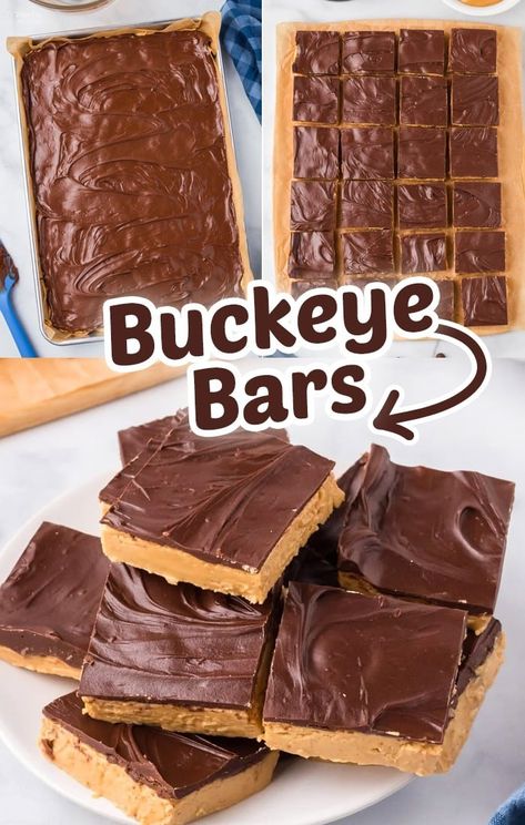 Buckeye Bars are soft no-bake desserts with a thick peanut butter base and topped with a chocolatey ganache. These chocolate peanut butter bars are so easy to make with just 5-ingredients and 10-minute prep! #dessert #recipes Buckeye Bars Recipe, Buckeye Bars, Chocolate Peanut Butter Bars, Peanut Butter Bars Recipe, Peanut Butter Chocolate Bars, Butter Bars, Dessert Bar Recipe, Lost 100 Pounds, Peanut Butter Desserts