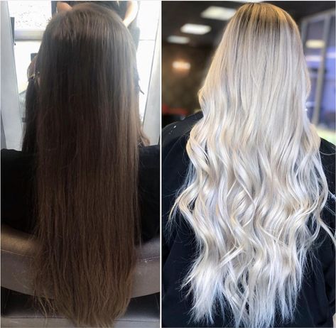 Brunette to Stunning Blonde "OVERALL: "For this process I did a full highlight and for every piece left out of foils that I balayaged making sure those pieces wouldn’t dry out so I also put foil around them just not going all the way to the root. Also, I use Olaplex in all my formulas." Total time was 5.5 hours." Brunette To Platinum Blonde Before And After, Full Foil Highlights Before And After, Brunette To Full Blonde, Full Blonde Hair For Brunettes, Brunette To Platinum Blonde, From Brunette To Blonde, Full Foil Highlights Blonde, Blonde Hair Transformations, Icy Blonde Hair