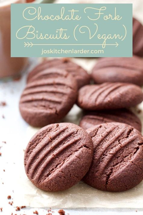 These Chocolate Fork Biscuits are really chocolatey, melt in the mouth delicious & vegan. It's the ultimate chocolate biscuits recipe that requires only few basic ingredients and is super easy to make too. #chocolatebiscuits #chocolatecookies #forkbiscuits #veganbaking #veganbiscuits #vegancookies Chocolate Biscuit Recipe, Vegan Chocolate Cookies, Vegan Biscuits, Chocolate Shortbread Cookies, Chocolate Biscuits, Shortbread Recipes, Biscuits Recipe, Biscuit Cookies, Baking Tins