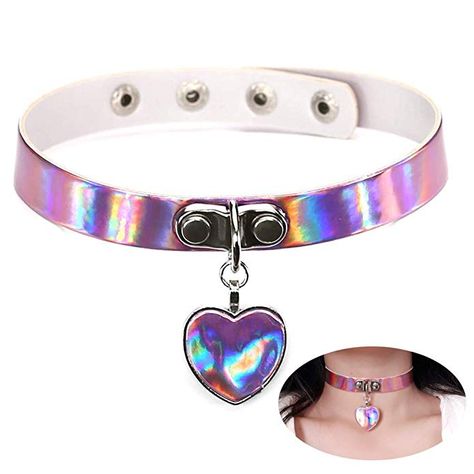 Amazon.com: Heart leather Pendant Holographic Laser Choker Necklace Rainbow Punk Collar Rivet Buckle Women Jewelry (Purple): Clothing Holographic Choker, Leather Heart Choker, Kalung Choker, Buckle Necklace, Cross Necklace Women, Heart Choker Necklace, Gothic Chokers, Leather Choker Necklace, Pearl Chain Necklace