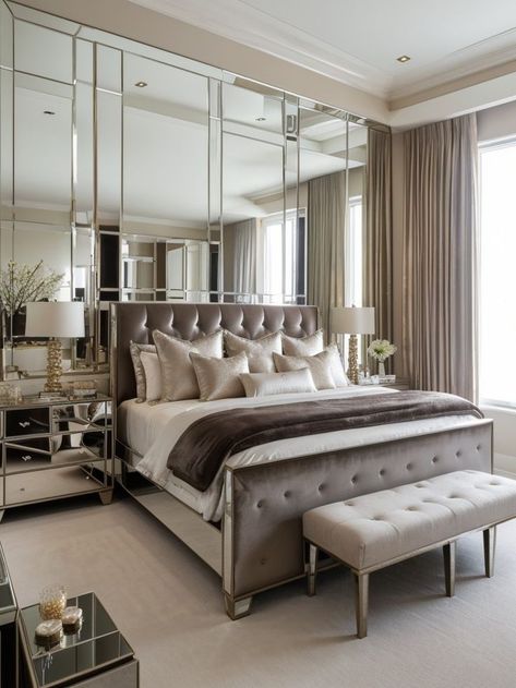 Glamorous bedroom ideas for those who love a touch of luxury, incorporating plush fabrics, mirrored surfaces, and metallic accents. #BedroomIdeas #BedroomDesign Mirror Headboard Ideas, Cozy Farmhouse Bedroom Ideas, Cozy Farmhouse Bedroom, Rustic Wooden Furniture, Farmhouse Bedroom Ideas, Glamourous Bedroom, Luxe Bedroom, Mirror Headboard, Inspired Bedroom