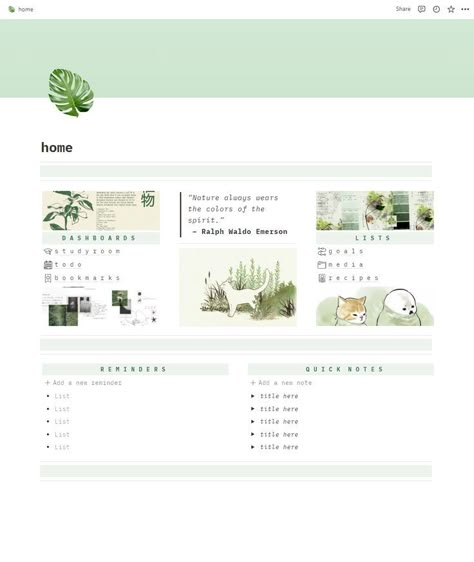 Notion Home Page Template, Notion Home Page, Minimalist Notion, Organized Workspace, Green Color Scheme, Notion Templates, Green Color Schemes, Work Space Organization, Presentation Design Template