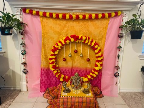 Traditional pooja backdrop decoration for ganesh chaturdhi Ganesh Decoration Background, Ganesha Background Decoration, Simple Background Decoration For Pooja, Back Drop For Ganesh Chaturthi, Ganeshji Background Decoration, Pooja Backdrop Decoration, Mangala Snanam, Pooja Backdrop, Ganesh Pooja