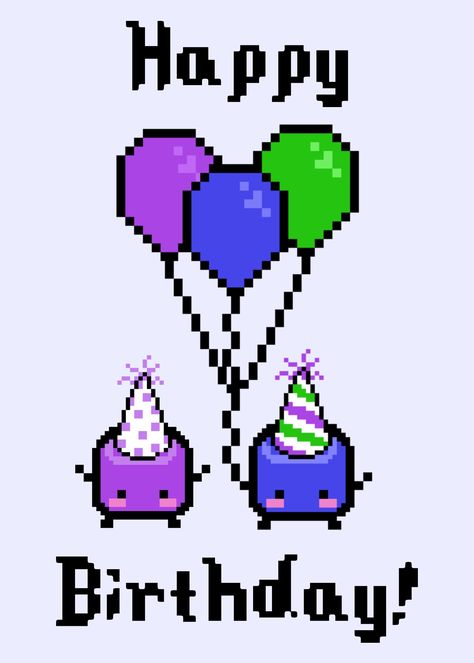 Purple and blue junimos from state valley wearing party hats, holding balloons, and saying happy birthday! Stardew Valley Cake Ideas, Stardew Valley Themed Birthday Party, Stardew Valley Birthday Cake, Stardew Valley Birthday Card, Stardew Valley Birthday Party, Stardew Valley Party, Junimos Stardew Valley, Stardew Valley Layout, Animal Themed Birthday Party