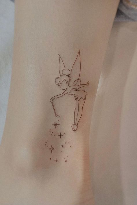 Dainty Tinkerbell Tattoo, Tinkerbell Silhouette Tattoo, Tinkerbell Tattoo Small Outline, Tinker Bell Tattoo Ideas, Small Tattoo Ideas Disney, Disney Aesthetic Tattoo, Cute Tattoos Disney, Delicate Disney Tattoo, Tinker Bell Tattoos For Women