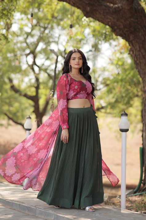 *LEHENGA CHOLI COLLECTIONS-2024* *Absolutely! This Masterpiece deserves a Place in every Wardrobe. Its Timeless beauty and equisite craftsmanship make it must-have.* *Lehenga:- (Full-Stitched)* Fabric & Work :- Faux Georgette With Crush Pleating. Length :- 42'' Waist :- 42'' Inner :- Cotton Flair :- 3.5 Mtr Closure :- Zip Attached & With Dori Latkan Stitching Type :- Stitched with Canvas Patta. *Blouse:- (Full- Stitched)* Fabrics & Work :- Faux Georgette with Digital Flower Print. Ne... Stylish Lehenga, Pink Combination, Sarees Bridal, Indian Wedding Lehenga, Dress Saree, Digital Flower, Partywear Dresses, Saree Fashion, Indian Party