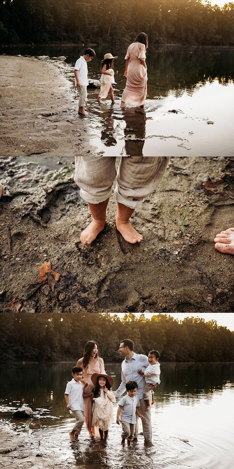 Family Mud Photoshoot, Mud Family Photoshoot, Lake House Family Photoshoot, Creekside Family Photos, Fun Unique Family Photoshoot Ideas, Family Photos In A Creek, Summer Creek Family Photos, Summer Photoshoot Ideas Family, River Family Photoshoot