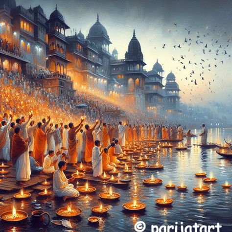 Kashi Ghat Painting, Ganga Aarti Varanasi Painting, Festival Scene Painting, Diwali Composition Painting, Festival Composition Painting, Banaras Ghat Painting, Varanasi Painting, Shiv Sati, Radha Krishna Art Beautiful