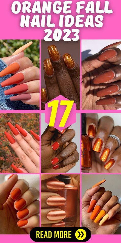 Embrace the beauty of autumn with these stunning orange nail designs for fall 2023. These fall nails designs capture the warmth and vibrancy of the season with their gorgeous shades of orange. Whether you prefer a simple and minimalistic design or something more intricate and eye-catching, these autumn nail designs are perfect for showcasing your personal style. Add a touch of elegance with gold or black accents, experiment with different color combinations Fall Nail Designs Orange, Nail Colors For 2023, Golden Nails Designs, Nail Ideas For 2023, Pumpkin Spice Nails, Orange Nail Designs, Fall Nail Ideas, Orange Nail Polish, Orange Nail