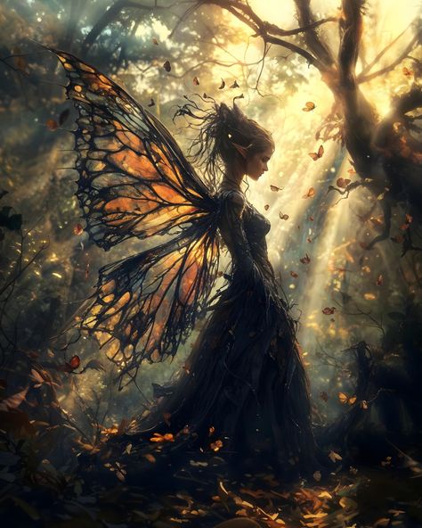 🦋 Whispers of the Enchanted Forest 🦋 A mystical fairy, adorned with wings of autumn leaves, glides through the glowing woodland. Bathed in golden light, she embodies the magic of nature, capturing the quiet beauty of the forest. Can you hear the whispers of the trees? Let your imagination take flight with this enchanting scene. #ForestFairy #EnchantedWoods #FantasyArt #NatureMagic #AutumnVibes #MysticalCreatures #FairyTaleDreams #EtherealBeauty #FantasyInspiration #WhispersInTheWind Night Fairy Aesthetic, Fairy Magic Mystical Forest, Magical Fairy Forest, Scary Fairy, Fae Aesthetic, Mystical Fairy, Fairy Tale Forest, Faery Art, Enchanted Fairies