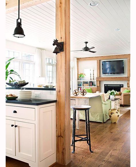 Kitchen Island With Columns, Open Concept Kitchen And Living Room, Open Kitchen And Living Room, Kitchen Open, Subway Tiles, Wooden Beams, Open Concept Kitchen, Natural Home Decor, Trendy Kitchen