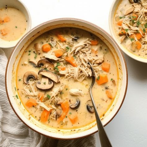 Easy Homemade Chicken, Mushroom & Wild Rice Soup Recipe Chicken Mushroom Soup Crockpot, Chicken Mushroom Wild Rice Soup, Mushroom Soup Crockpot, Chicken Mushroom Wild Rice, Mushroom Wild Rice Soup, Chicken Mushroom Soup, Mushroom Wild Rice, Cauliflower Cheese Soups, Wild Rice Soup Recipes