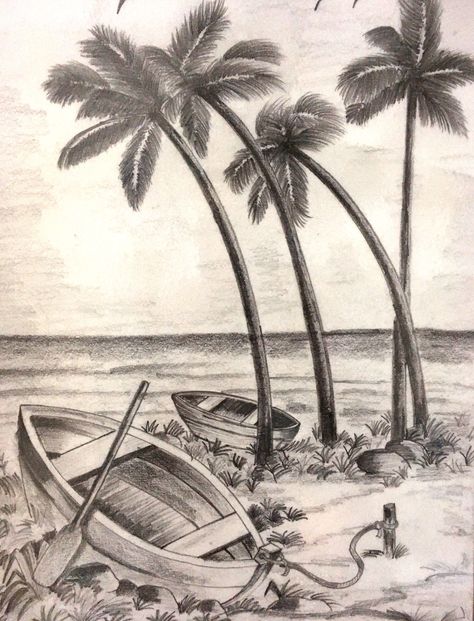 Pencil Drawings Scenery Landscapes, Seanery Beautiful Drawing, Beach Scene Drawing Pencil, Beach Drawing Sketches, Disney Drawing Tutorial, Pencil Carving, Ocean Drawing, Drawing Scenery, Abstract Pencil Drawings