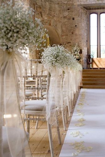 Babys Breath Wedding Ideas For Rustic Weddings ★ See more: https://www.weddingforward.com/babys-breath-wedding-ideas/5 Used Wedding Decor, Rustic Wedding Decorations, Venue Decor, Aisle Decor, Wedding Chairs, Wedding Aisle, Wedding Ceremony Decorations, Baby's Breath, Wedding Guide