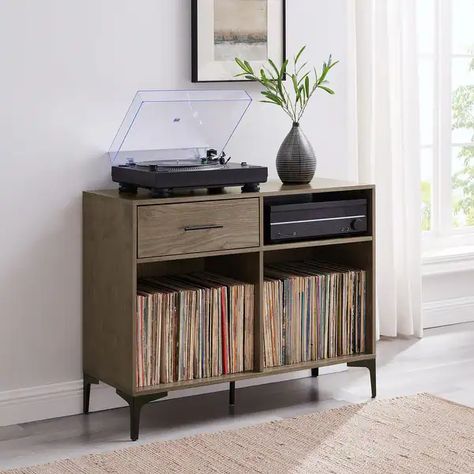 Sydney Record Storage Media Console - On Sale - Bed Bath & Beyond - 37184991 Open Storage Shelves, Locking Storage Cabinet, Stationary Storage, Media Shelf, Turntable Stand, Audio Components, Record Player Stand, Storage Console, Industrial Living