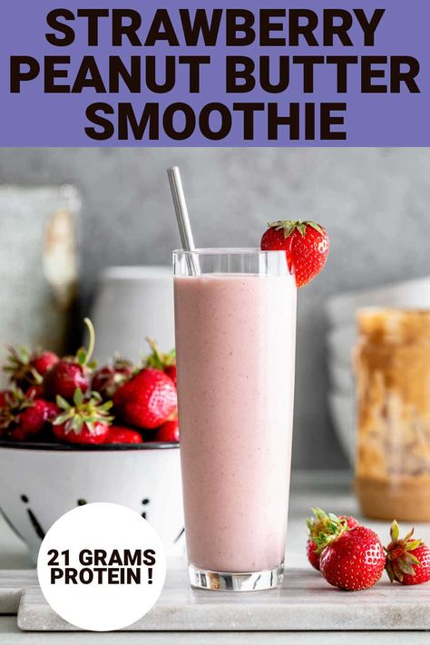 This 5-minute recipe for Strawberry Peanut Butter Smoothie needs to be a part of your healthy breakfast routine. It packs 21 grams of protein, two servings of produce and satisfies all morning long! The combination of fruity strawberries and nutty peanut butter tastes just like a P, B & J so the whole family will love them! Smoothies Vegan, Peanut Butter Banana Smoothie, Fruit Smoothie Recipes Healthy, Best Smoothie, Banana Drinks, Smoothie Recipes Healthy Breakfast, Banana Smoothie Recipe, Peanut Butter Smoothie, Smoothie Drink Recipes