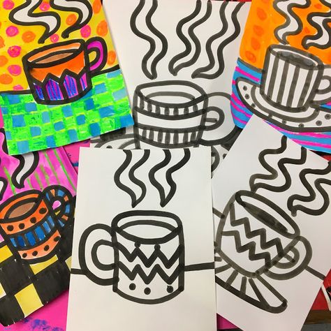 In the Art Room: Heather Galler-Inspired Hot Chocolate Paintings, Part 1 Hot Chocolate Art, Heather Galler, January Art, Classe D'art, Winter Art Lesson, First Grade Art, Cassie Stephens, 2nd Grade Art, Outfit Photos