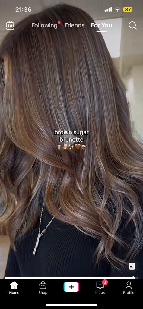 Sugar Brown Hair, Brown Sugar Balayage, Light Brown Summer Hair, Brown Sugar Hair Color, Brown Sugar Brunette, Brown Hair With Dimension, Latte Brunette, Brown Sugar Hair, Cool Brunette