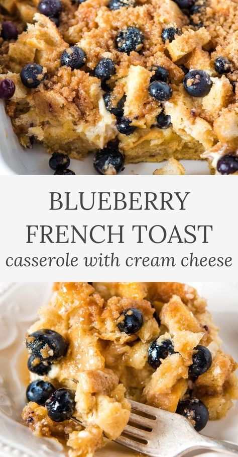 sliced blueberry French toast casserole in white baking dish, fork with bite of blueberry French toast bake on white plate Easy Overnight Breakfast, Casserole With Cream Cheese, Sweet Breakfast Casserole, Blueberry Toast, French Toast Brunch, Blueberry French Toast Bake, Cinnamon Streusel Topping, Cinnamon French Toast Bake, Cream Cheese Breakfast