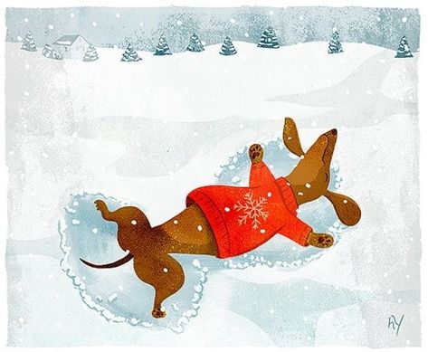 Doxie Art, Dachshund Illustration, Angel Card, Dachshund Art, Snow Angel, Christmas Card Art, Happy Winter, Dachshund Christmas, Gifts For Boyfriend