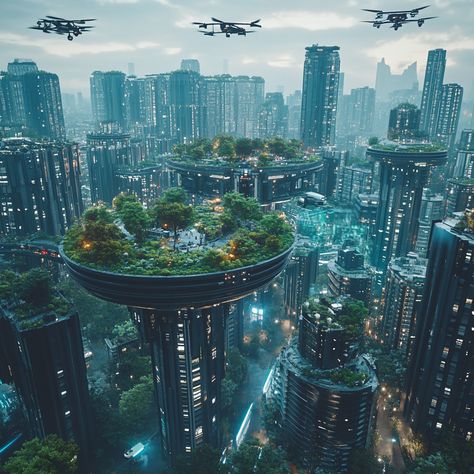 🌆 Explore a Futuristic City: Skyscrapers, Rooftop Gardens & Drones 🌿✨ Experience the harmony of nature and technology in this stunning city. Lush rooftop gardens, soaring skyscrapers, and buzzing drones create an electrifying atmosphere. #FuturisticCity #UrbanNature #Drones #midjourney Skyscraper Rooftop, Earthship Home Plans, Futuristic Garden, City Skyscrapers, Solar Punk, Nature And Technology, Rooftop Gardens, Earthship Home, Urban Nature