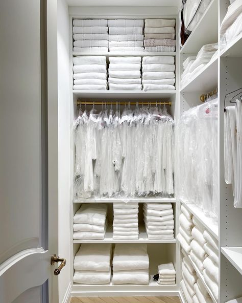 Who would love to have a walk-in linen closet? I designed this one to hold everything from towels, linens to tablecloths! The key to… | Instagram Linen Closet Design, Bathroom Linen Closet, Linen Closet Storage, Hallway Closet, How To Fold Towels, Linen Closet Organization, Linen Storage, Laundry Room Makeover, Utility Rooms