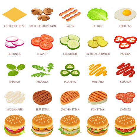 Burger ingredient icons set. isometric illustration of 25 burger ingredient food vector icons for web Premium Vector Burger Ingredients Illustration, Hamburger Ideas, Burger Ingredients, Burger Ideas, Pizza Sandwich Recipe, Burger Menu, Food Vector, Food Icon, Burger Toppings