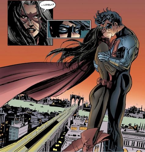 Huntress and Nightwing Nightwing And Huntress, Huntress And Nightwing, Kissing Comics, Helena Wayne, Helena Bertinelli, Catwoman Comic, Robin Cosplay, Bike Illustration, Univers Dc