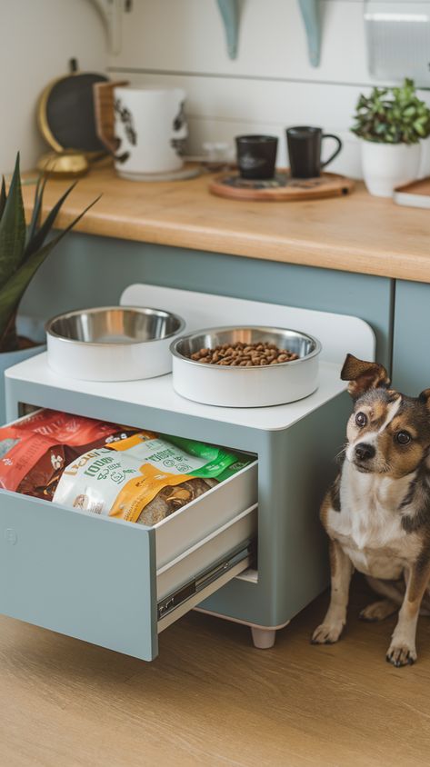 small space dog food storage Diy Dog Food Storage, Dog Food Storage Ideas, Diy Containers, Food Storage Ideas, Pet Feeder Station, Rolling Storage Bins, Pet Feeding Area, Storage Ideas For Small Spaces, Pet Station