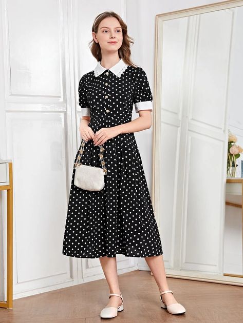 SHEIN Teen Girls Polka Dot Contrast Collar Puff Sleeve Dress | SHEIN UK Dot Shirt, Teen Girl Dresses, Polka Dot Shirt, Puff Sleeve Dress, Slim Fit Top, Contrast Collar, Puffed Sleeves Dress, Dresses For Teens