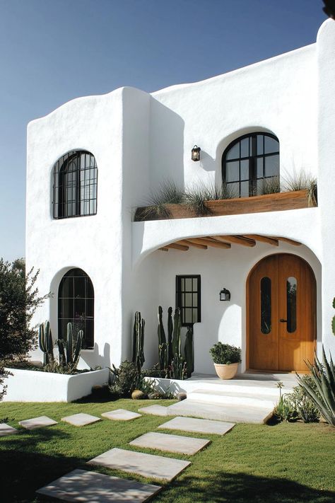 White stucco house with arched windows and desert landscaping. Homes that are not only chic and sleek, but also clever enough to make your tech-savvy toaster feel right at home. Flat Roof Spanish House, White Adobe House Exterior, Desert Style Home Exterior, Adobe Style Homes Exterior, Modern Desert Home Exterior, House With Arched Windows, Modern Adobe House Exterior, Pueblo Style Homes, Adobe House Exterior