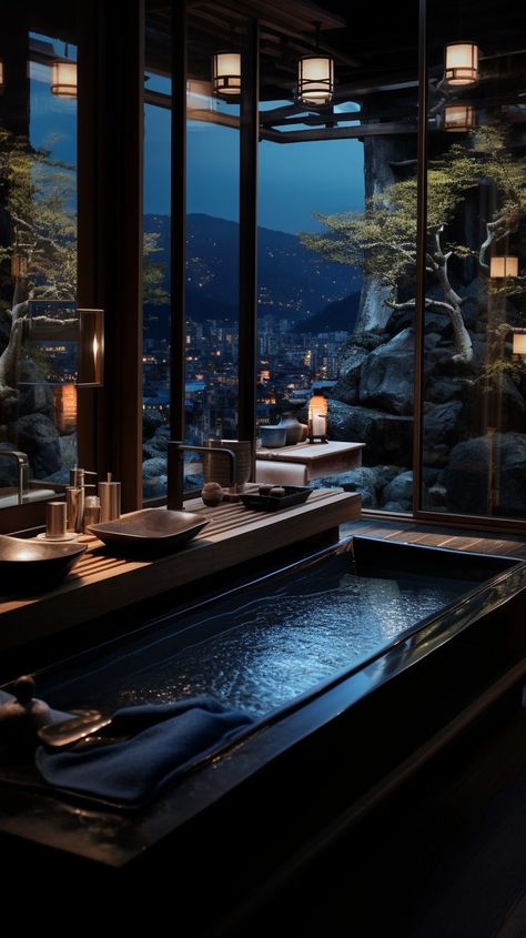 Stone and Wood Bathrooms with a View of Kyoto City Beautiful Bathtubs Luxury, Tokyo Luxury, Japan Luxury, Steam Shower, Sauna Bathroom Design, Japanese Bath House, Mansion Aesthetic, Hot Tub Room, Japanese Bath