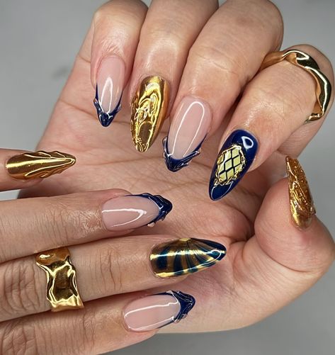 🔹Golden Hour ✨ Gaudi inspired custom design for my client off to Spain ✨ The thumb is a cathedral door I tried 🙈 #nails2inspire #naildesign #3dnails #nailinspo #frenchnails #trendynails #fallnails #chromenails #goldnails #gaudinails #apresgelx #gelxinspo #nailart #almondnails Cathedral Door, Chrome Nails, Gold Nails, 3d Nails, Almond Nails, Trendy Nails, French Nails, Golden Hour, Nail Inspo