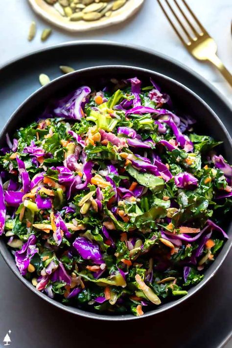 Kale Slaw {with Cabbage, Oranges, + Pepitas!} - Little Pine Kitchen Cabbage Carrot Salad, Kale Cabbage, Miso Glazed Salmon, Kale Slaw, Cabbage Carrot, Pine Kitchen, Burger Toppings, Vegetarian Cabbage, Kale Recipes