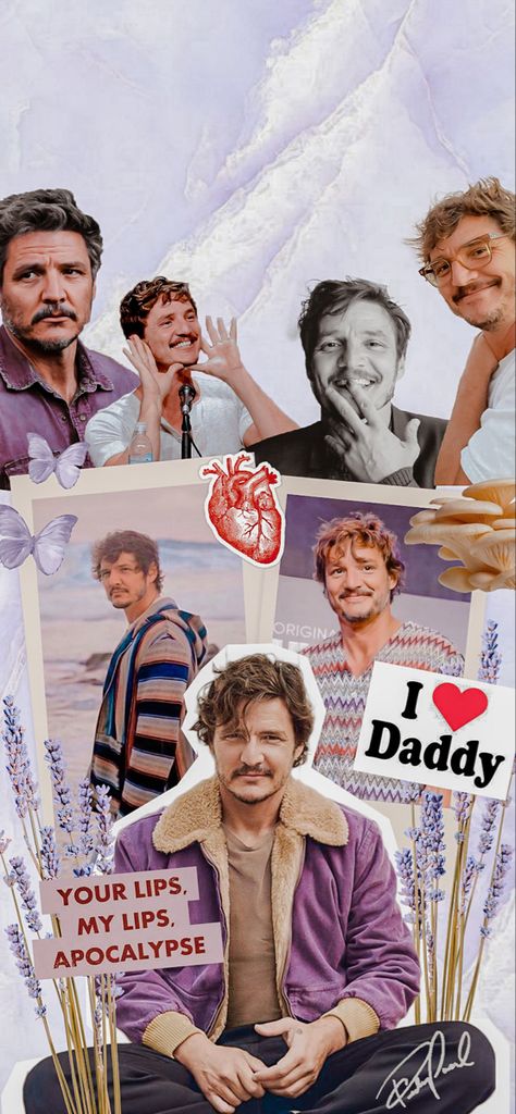 Collage of daddy Pedro Pascal, actor in the last of us, aesthetic iphone wallpaper. Your lips, my lips apocalypse. Lavender design Pedro Pascal Mandalorian Wallpaper, Pedro Pascal Cute Wallpaper, Pedro Pascal Background, Pedro Pascal Collage Wallpaper, Pedro Pascal Iphone Wallpaper, Pedro Pascal Wallpaper Iphone, Pedro Pascal Wallpaper Aesthetic, Pedro Pascal Collage, Pedro Pascal Poster