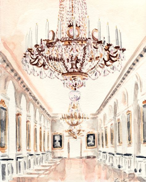 Chandelier Petit Trianon at ArtfullyWalls, Print of an original watercolor. Painted Chandelier, Palace Architecture, Paris Travel Photography, Artfully Walls, Artist Wall, Palace Of Versailles, Watercolor Inspiration, Paris Travel, Photo Canvas