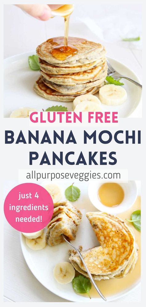 These banana mochi pancakes are soft, tender and moist. They only require 4 ingredients, and they have an amazing flavor and texture that will make you want to eat more than one! #mochi #mochipancakes #bananapancakes #easypancakes #4ingredientpancakes #glutenfreepancakes Mochi Pancakes Recipe Gluten Free, Banana Mochi Recipe, Mochi Pancakes Recipe, Banana Mochi, Mochi Pancakes, Pumpkin Cauliflower, Pancake Dippers, Homemade Breakfast Recipes, Asian Breakfast