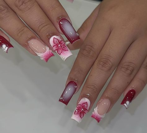 Square Red Nails Acrylic, Red Nails Acrylic Square, Square Flower Nails, Red Nails Flower, White And Red Nails, 3d Flower Nails, Lavender Nails, Ombre Acrylic Nails, Girly Acrylic Nails