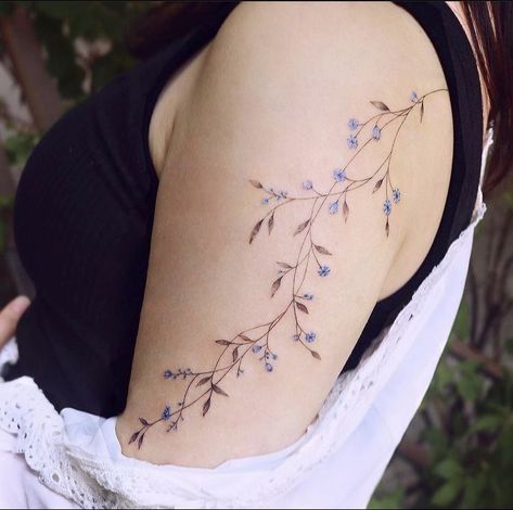 Larkspur Shoulder Tattoo, Lavender Tatoos Ideas, Unique Line Tattoos, Botanisches Tattoo, Flower Vine Tattoos, Wrap Around Tattoo, Lavender Tattoo, Vine Tattoos, Tatuaje A Color