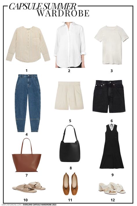 Everlane Summer Capsule Wardrobe – 12 Pieces, 48 Outfits Everlane Capsule Wardrobe, Everlane Outfit, Summer Capsule, Summer Capsule Wardrobe, Early Fall, Linen Trousers, White Tshirt, White T, Creative Director