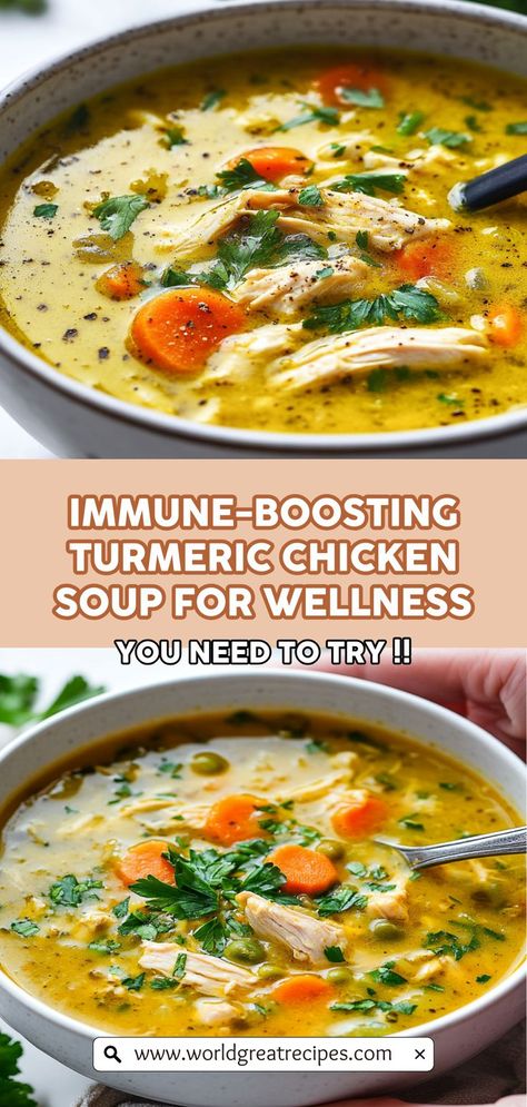 Embrace the warmth of comfort food with this nourishing Anti-Inflammatory Turmeric Chicken Soup. Packed with the vibrant color of turmeric and a symphony of spices, this soup is not just delicious but also supports your immune health. Perfect for chilly nights or when you're feeling under the weather, it combines tender chicken, hearty vegetables, and a medley of spices to create a bowl of wellness. Enjoy a healthy meal that brings joy and nourishment in every spoonful! Whole Chicken Soup, Immunity Soup, Turmeric Chicken Soup, Healthy Hearty Soup, Whole 30 Soup, Quick Easy Family Meals, Hearty Chicken Soup, Turmeric Soup, Turmeric Chicken